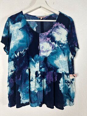 Juicy Couture Womens Watercolor Top Peplum Ruffle Short Sleeve Tie Dye XL New